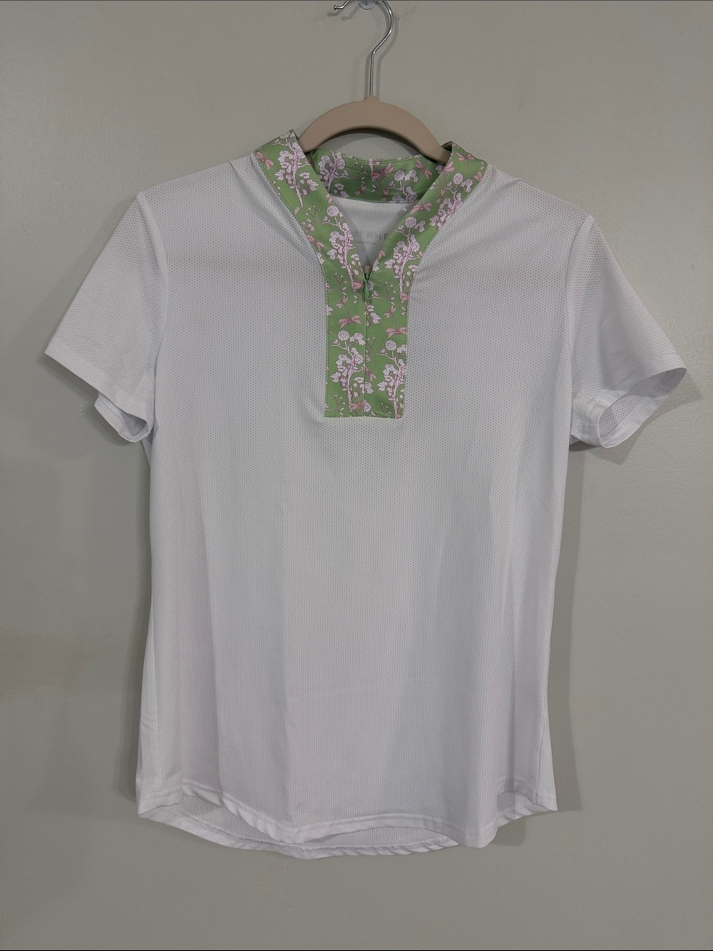Sport Haley White Short Sleeve Top with Green Floral Trim